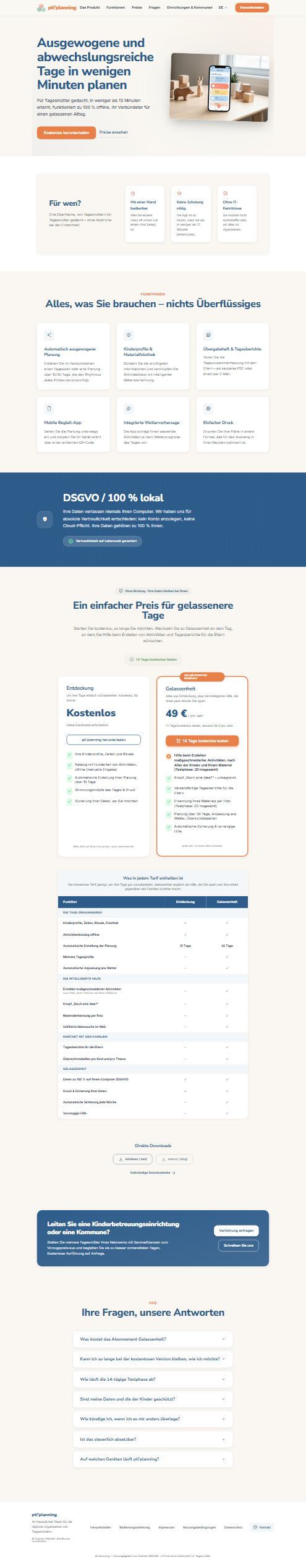 Übersicht der p'tit planning-Website: Funktionen, Preise und häufige Fragen