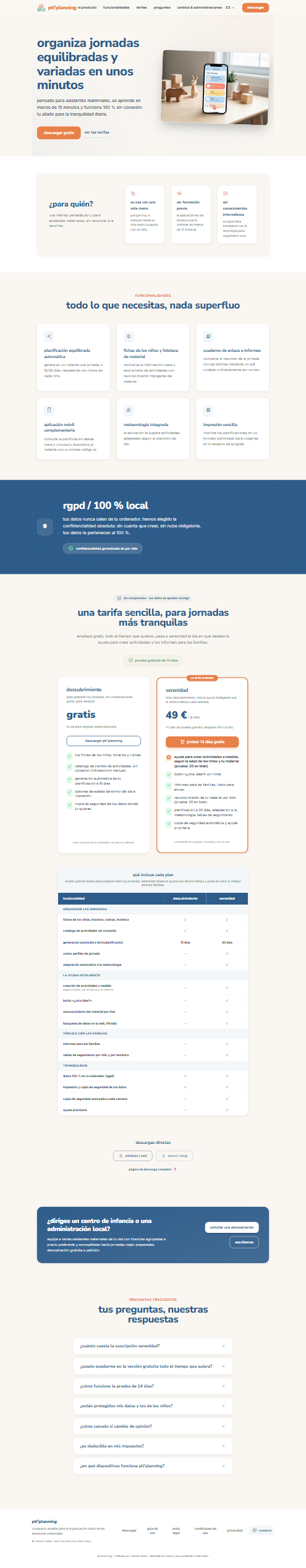 vista del sitio p'tit planning: funcionalidades, tarifas y preguntas frecuentes